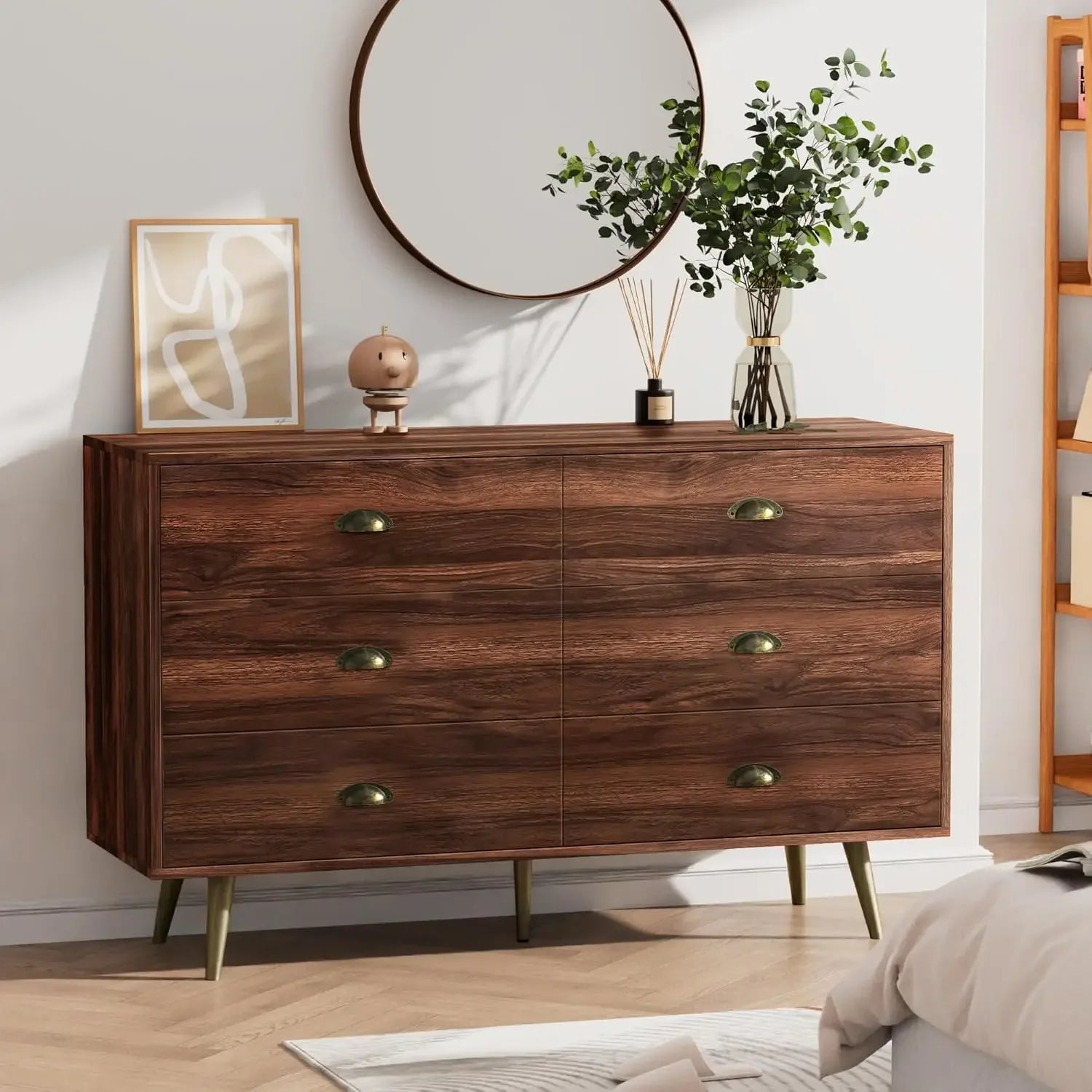 Dresser for Bedroom with 6 Drawers, Mid Century Modern Dresser with Gold Handles, Wooden Dressers & Chest of Drawers Organizer