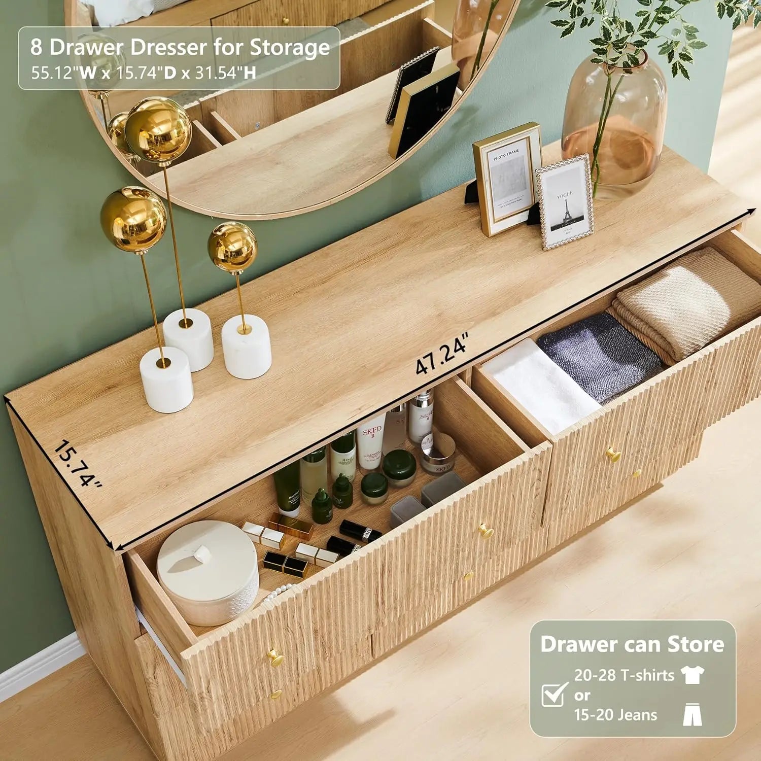 Fluted Dresser for Bedroom, 55" W 8 Drawer Dressers, Wood Tall Dresser Storage Organizer, Modern Bedroom Chest of Drawers