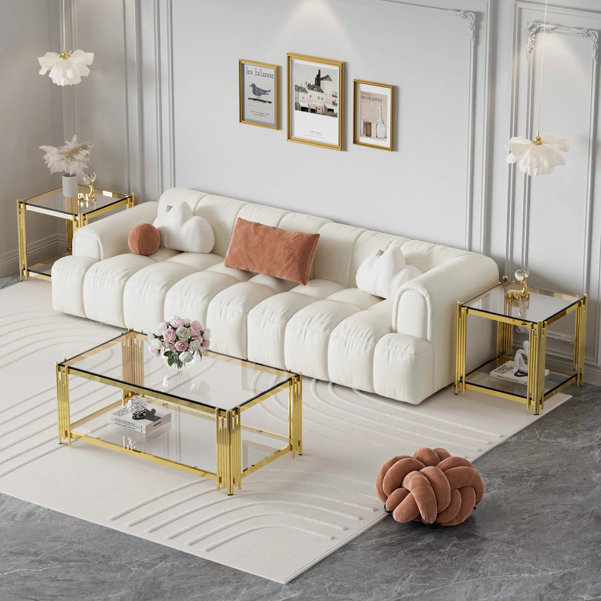 Modern luxury gold coffee table in the living room, stainless steel legs 8mm thick transparent tempered glass sofa table