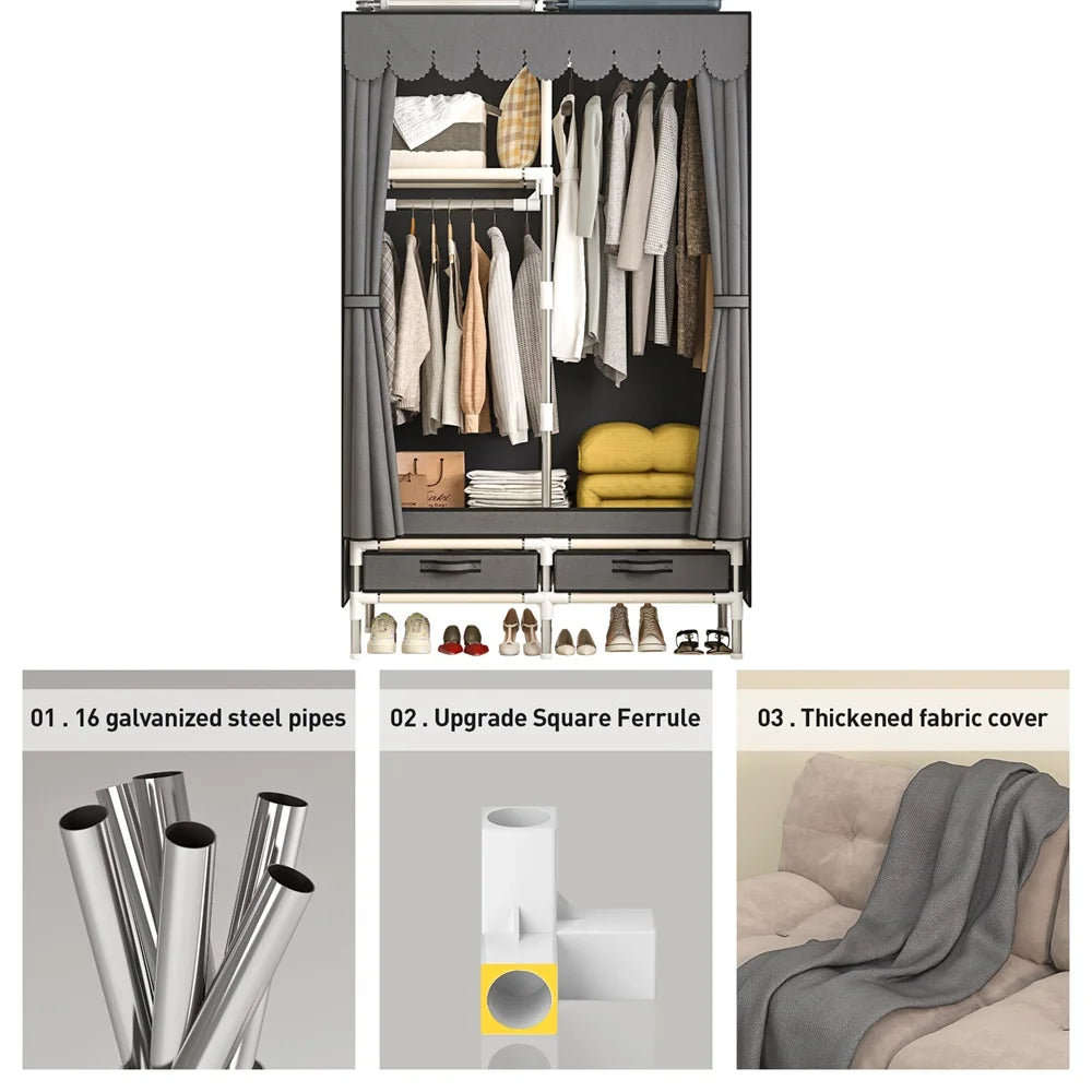 Wardrobe Simple Cloth Wardrobe Household Bedroom Assembly Cabinet Large Wardrobe Durable Simple Modern,Grey