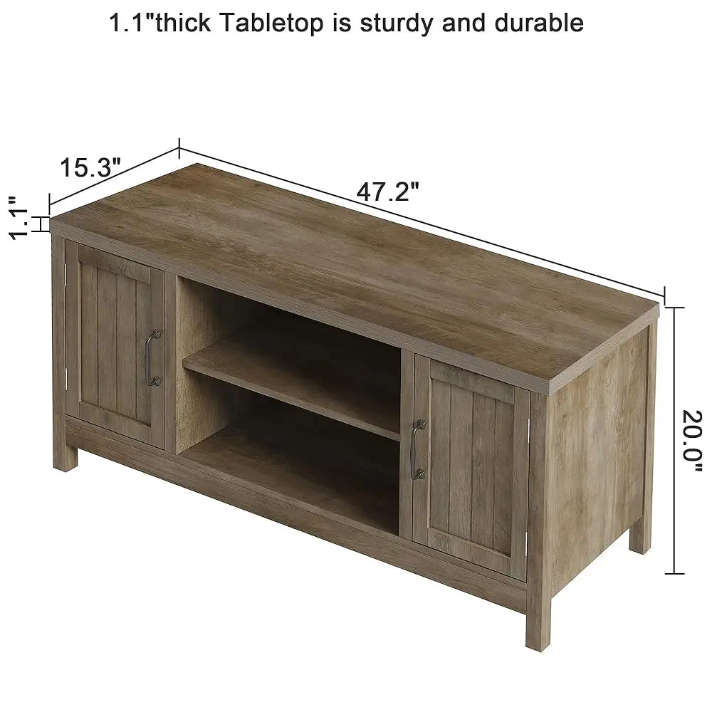 Farmhouse Tv Stand, Wood Grooved Door Entertainment Center With Storage Cabinets And Open Shelves, Rustic Media Console Up To