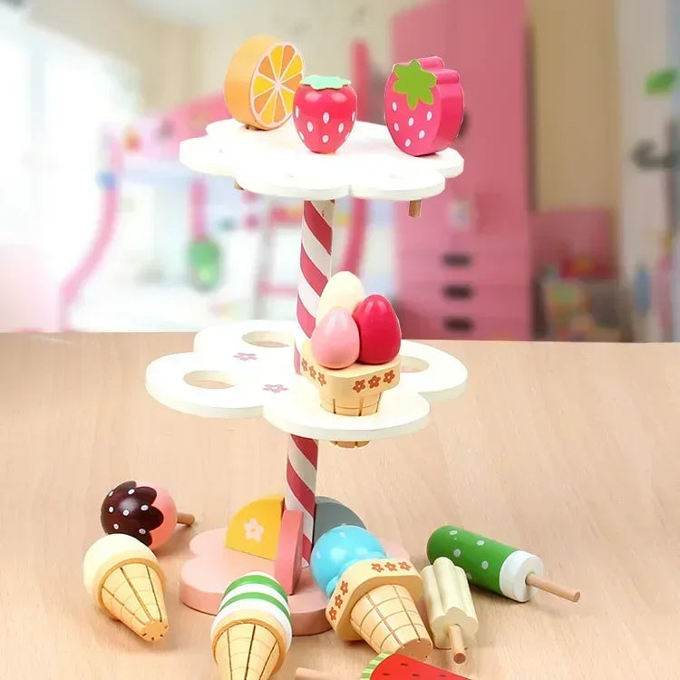 Kitchen Accessories Toy for Kid Pretend Play Wooden Ice Cream Counter Playset for Toddler Toys Montessori Pretend Play Food Toys
