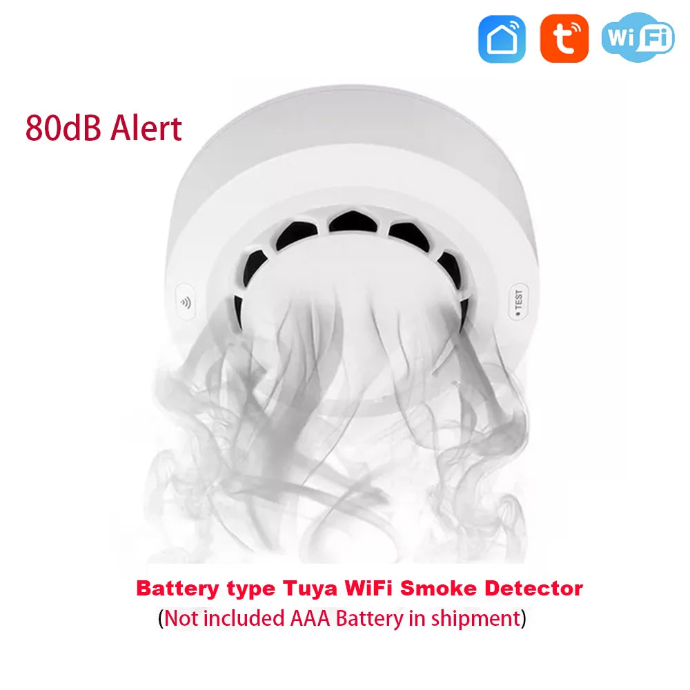 Tuya WiFi Smoke Alarm Fire Protection Smoke Detector 80dB Smokehouse Combination Fire Alarm Home Security System Firefighters