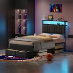 Satifur Full Bed Frames with Charging Station,LED Lights,2 Storage,Grey Upholstered Headboard with Shelves, Metal Platform Bed