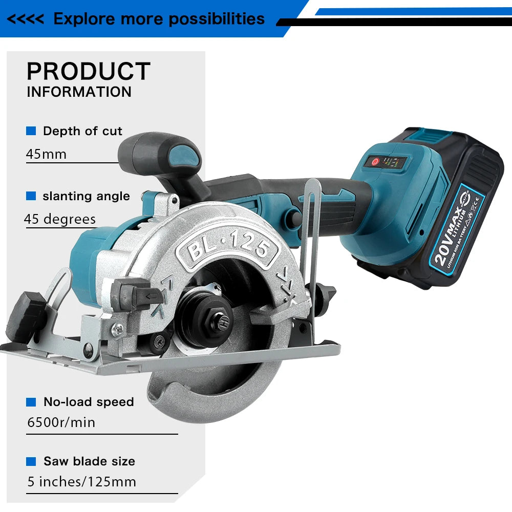 Brushless Circular Saw 125mm Cordless Electric Saw Adjustable Wood Cuttiing Machine Handheld Woodworking Saw for Makita Battery