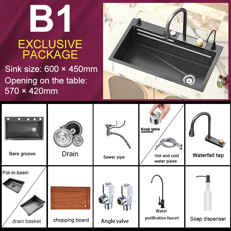 New Stainless Steel Waterfall Kitchen Sink Embossed Extra Large Single Slot Digital Display Dishwashing Sinks With Draining Rack