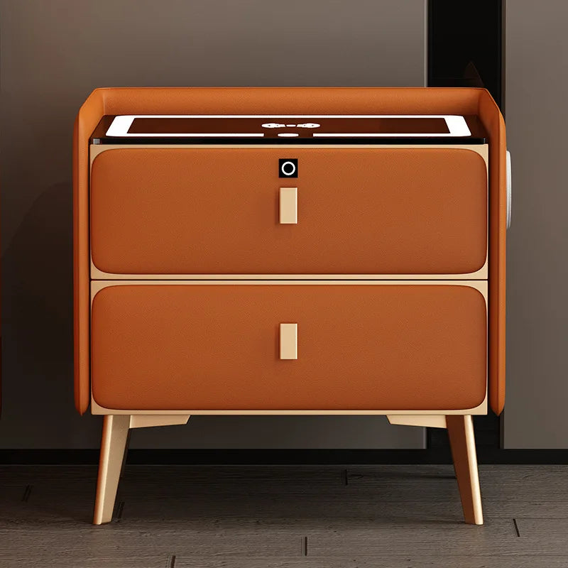 Smart Wooden Bedside Table Modern Style Multi-function Bedroom Nightstand with Wireless Charging Fingerprints Lock