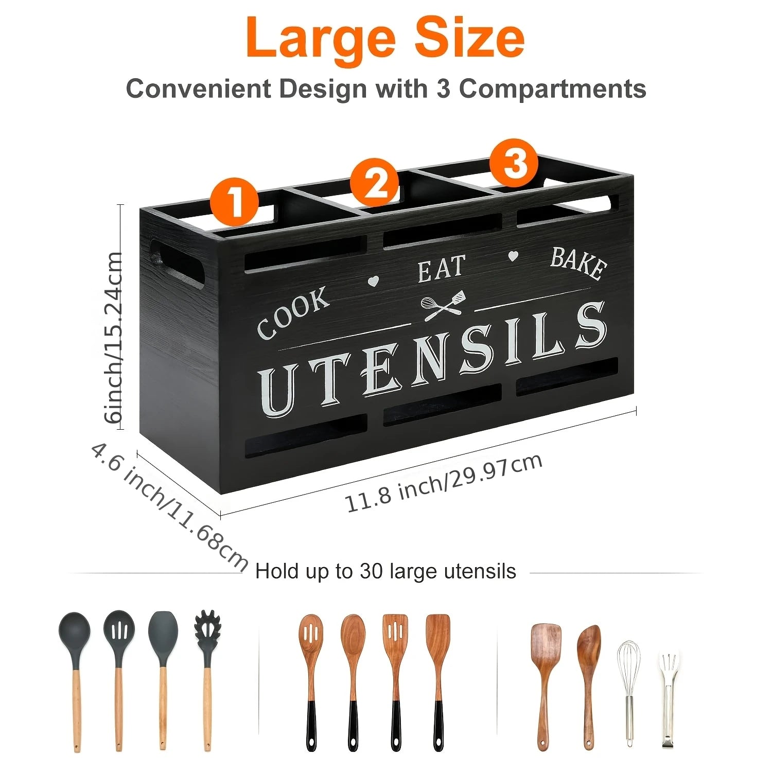 Wooden kitchen utensil rack, countertop utensil organizer with 3 compartments, rustic decor and cooking tool storage.
