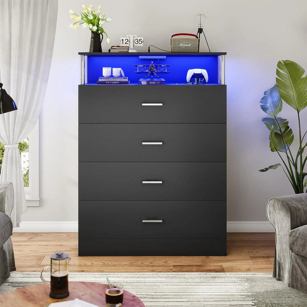 Dresser for Bedroom with Column Design,4 Drawer Dresser with Charging Station, Modern Bedroom Led Tall Black Dresser for Bedroom