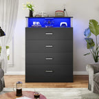 Dresser for Bedroom with Column Design,4 Drawer Dresser with Charging Station, Modern Bedroom Led Tall Black Dresser for Bedroom
