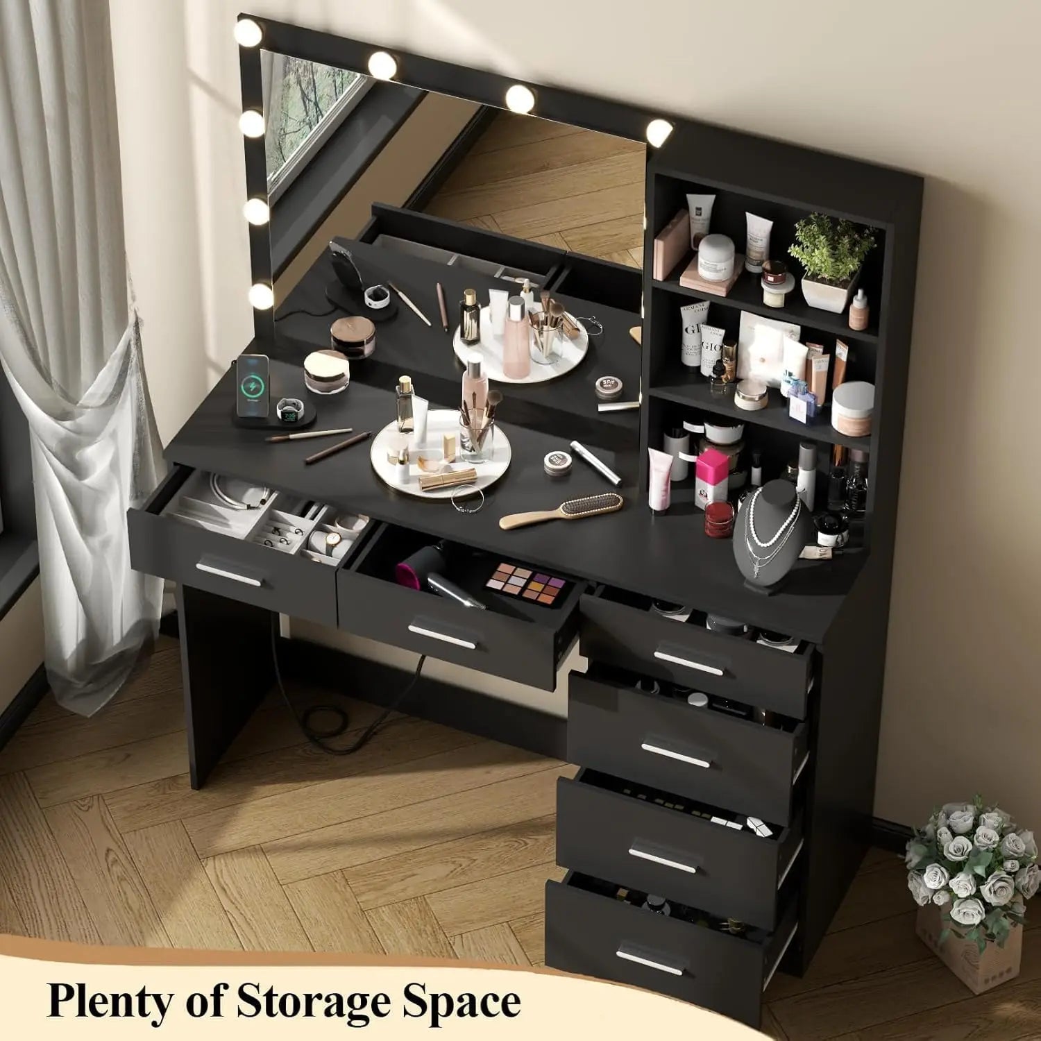 Vanity Desk with Lighted Mirror & Power Outlet, Makeup Vanity Table with 6 Drawers, 3-Tier Shelf, Vanity Dresser with