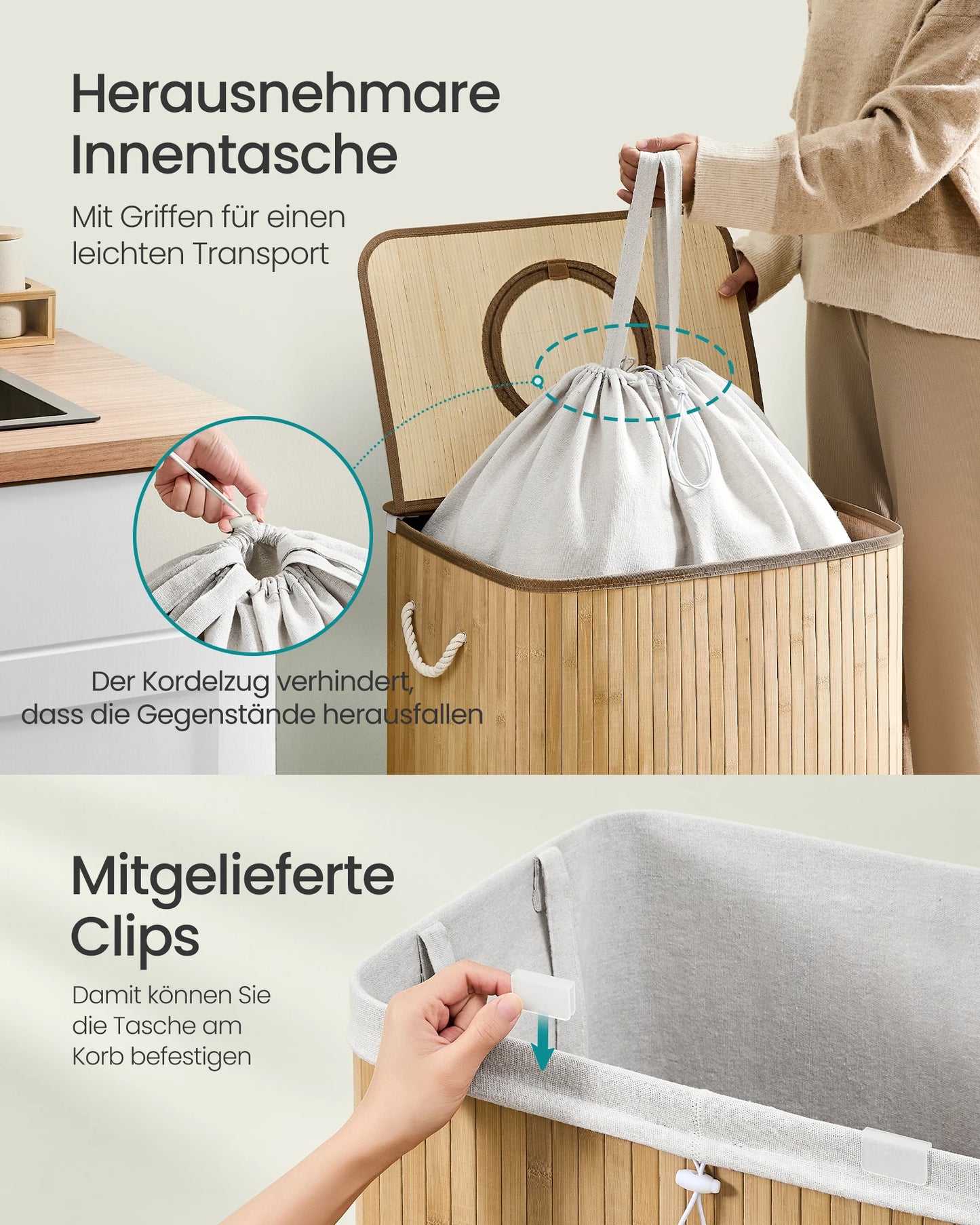 SONGMICS returnable bottle collection container, 120 L returnable bottle container, bamboo, bottles collector empties, recycling container