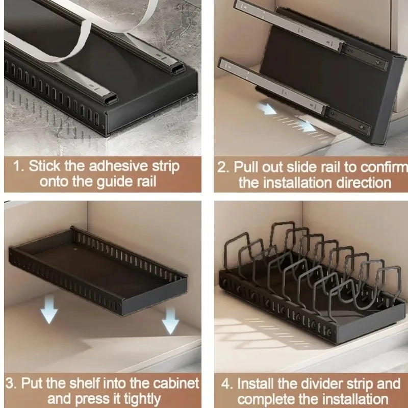 Kitchen Cabinet Pull Out Tray Organizer with Slide Rails Adjustable Storage Rack for Pots Pans and Dishes