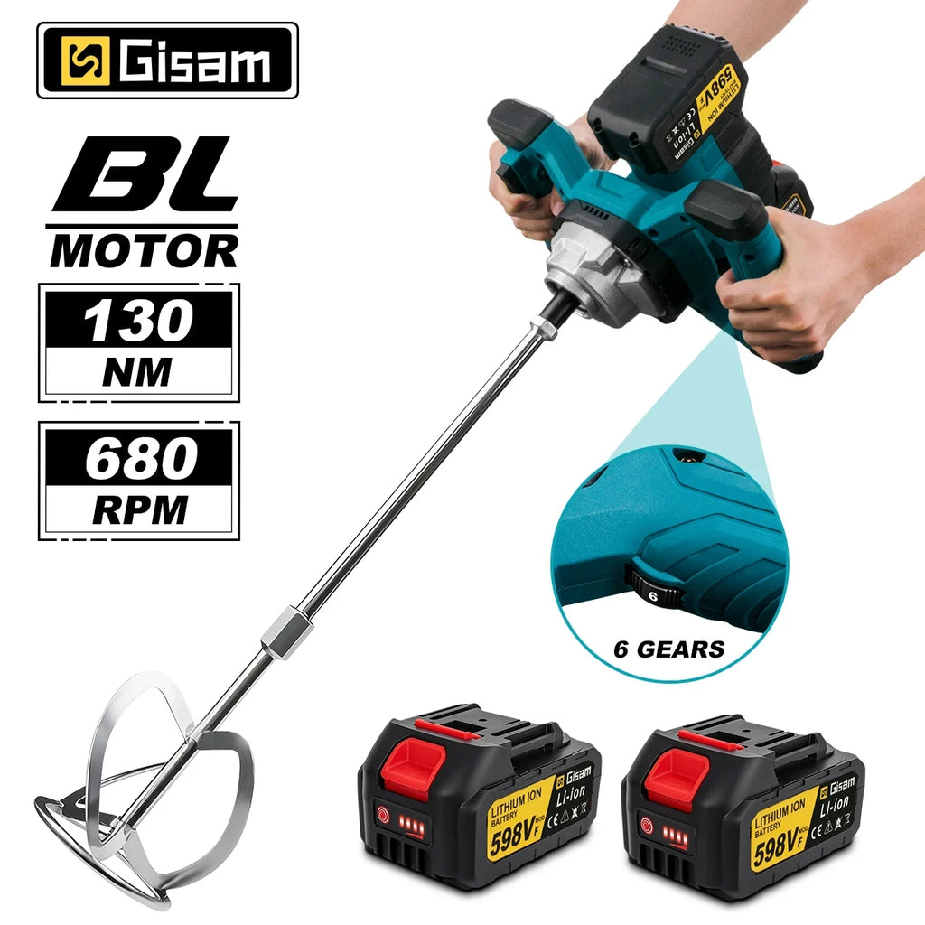 Gisam Brushless Electric Concrete Mixer 6Speed Cordless Cement Mortar Plaster Mixer Blender Paint Mix For makita 18v battery pin