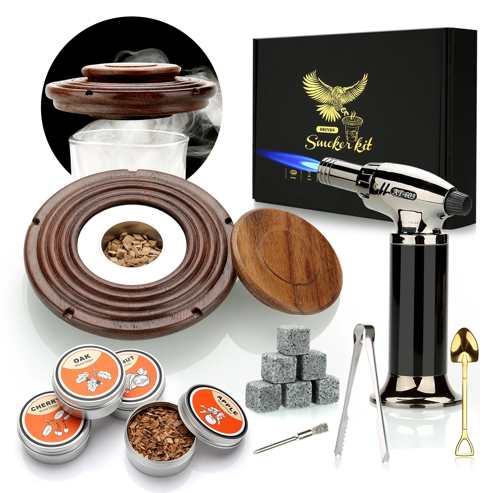 Cocktail Smoker Kit With Torch 4 Wood Chips Whiskey Stones Spoon Ice Tong Smoker Accessories Without Butane For Bartender