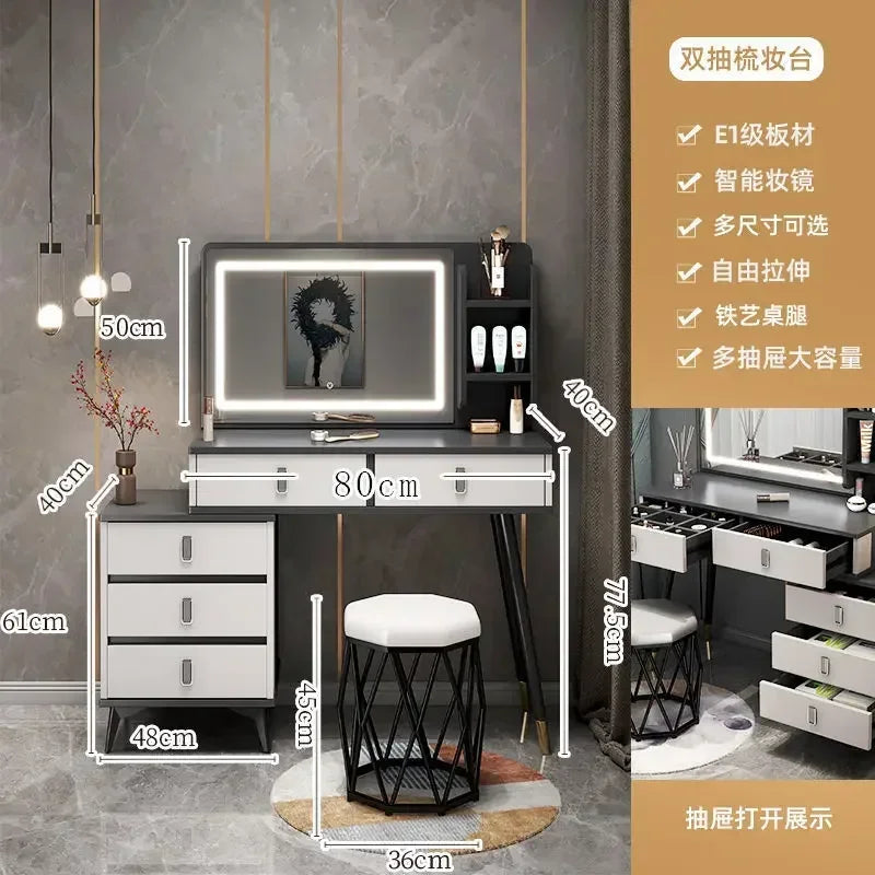Luxury Dressing Table Comfortable Vanity Makeup Desk LED Large Mirror Drawer for Bedroom Wood Furniture Chest of Drawers Home