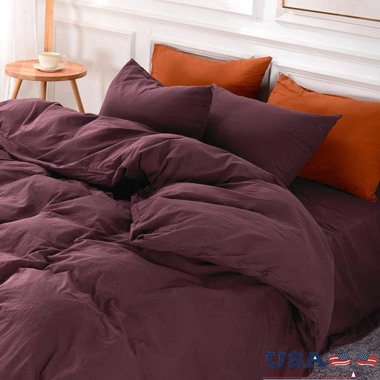 100% Washed Cotton Duvet Cover Set Breathable Lightweight Solid Burgundy Textured 3 Pieces Bedding Set Queen Size Easy Care
