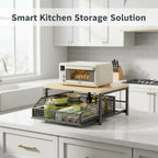 Metal and Wood Microwave Rack with Pull Out Drawer Multi Layer Countertop Kitchen Organizer for Coffee Maker Utensils and Tea