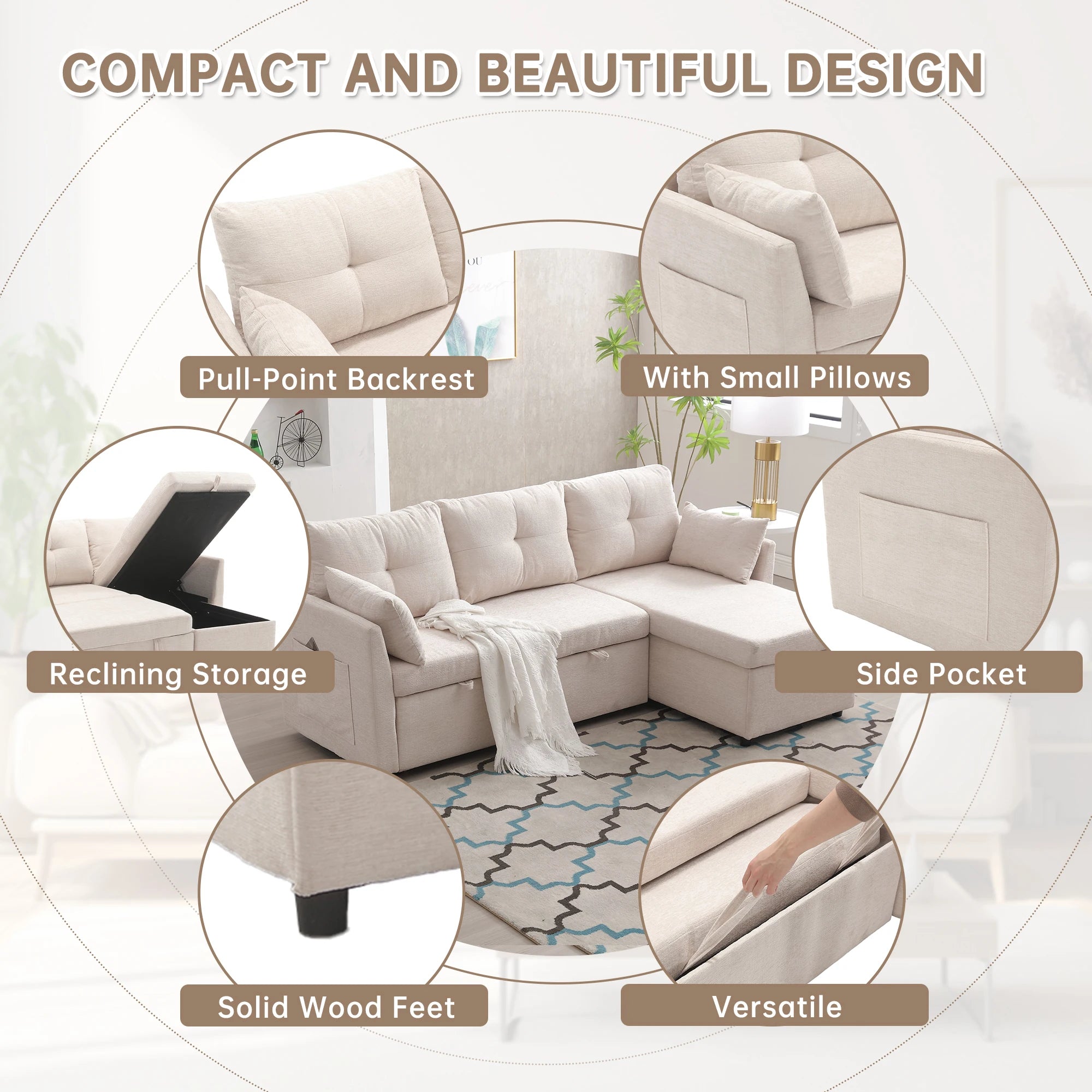 LVHOM Functional Modular Sofa (L-Shaped) With a Reversible Chaise Longue and Extra-Large Storage Space.