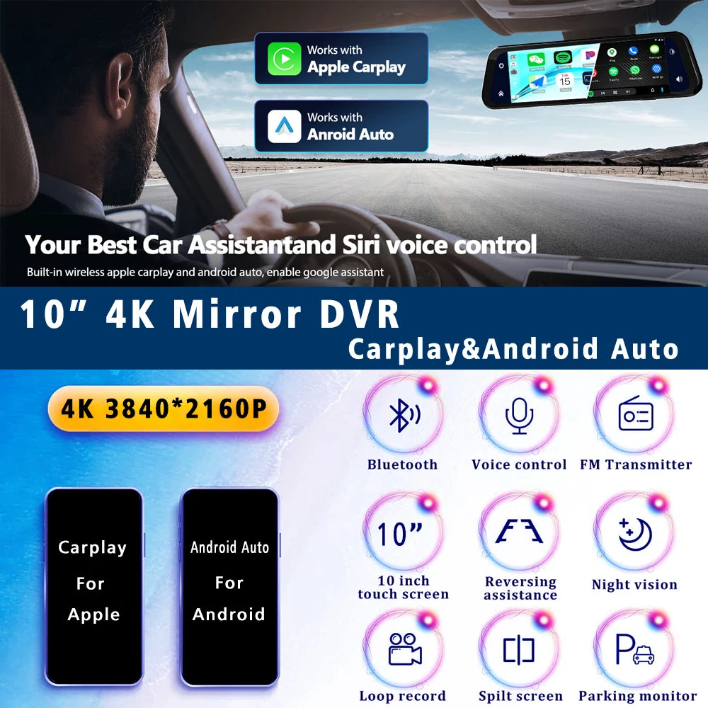 10"  Dash Cam 4K 3840*2160P Car Dvr Carplay Android Auto GPS 5G WIFI A