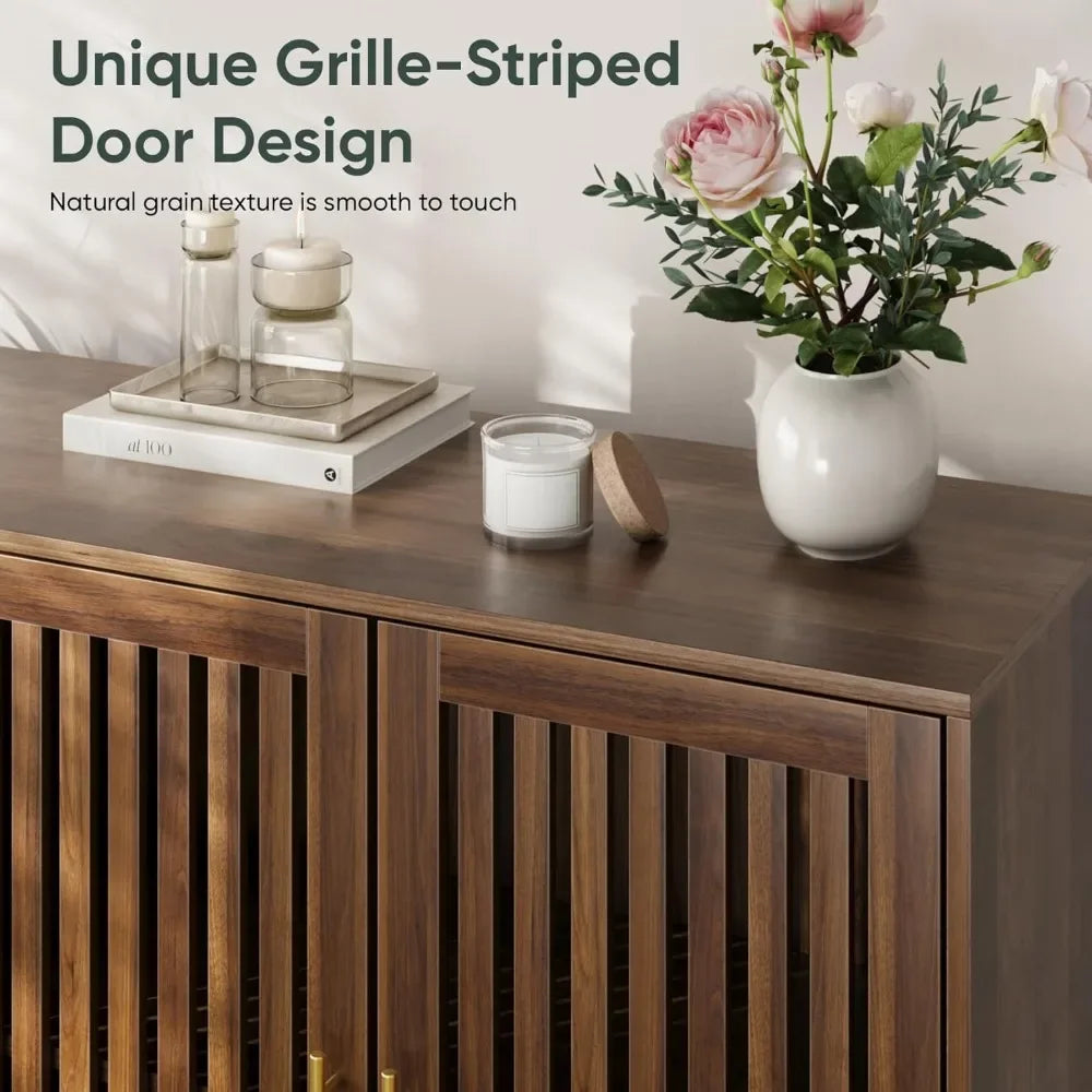 "63” Long Sideboard Buffet with 4 Louvered Doors – Farmhouse Storage Cabinet Featuring Gold Handles & Coffee Bar Design"
