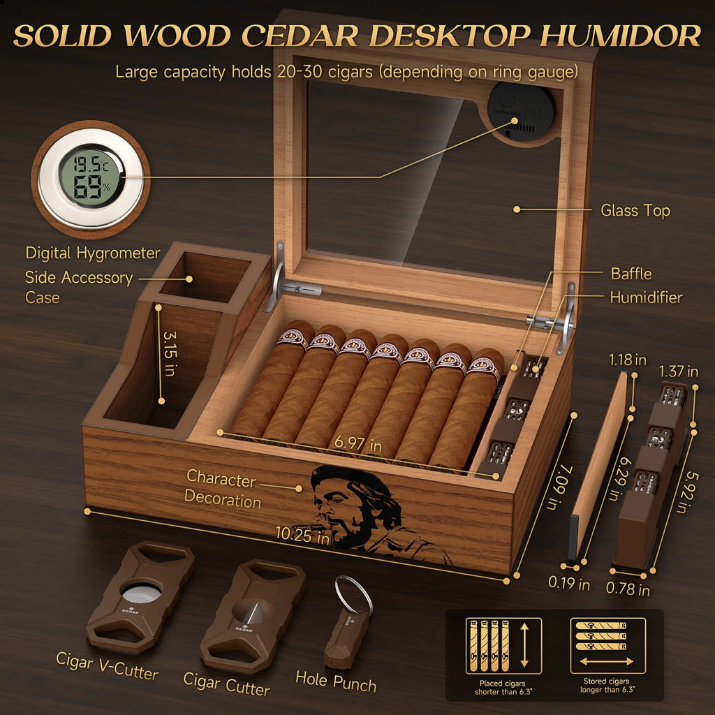 Cigar Humidor with Cigar Cutter,V-Cutter,Punch Set,Humidor Cigar Box with Humidifier and Digital Hygrometer,Glass Top Cedar Case