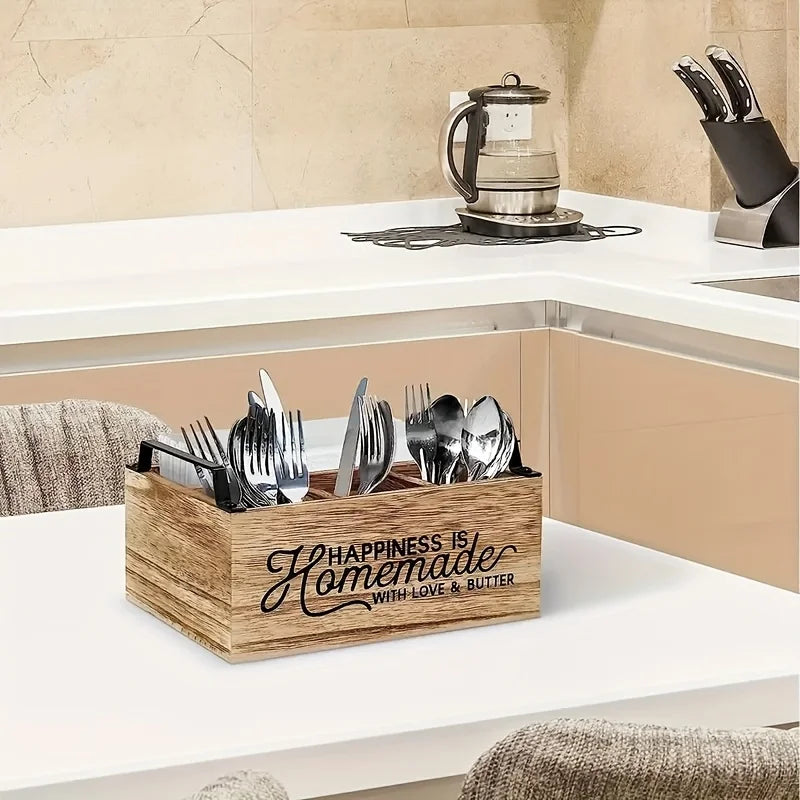 High-Quality, Classic Wooden Kitchen Utensil Organizer - Portable Storage Box with Open Design for Easy Access, Storage