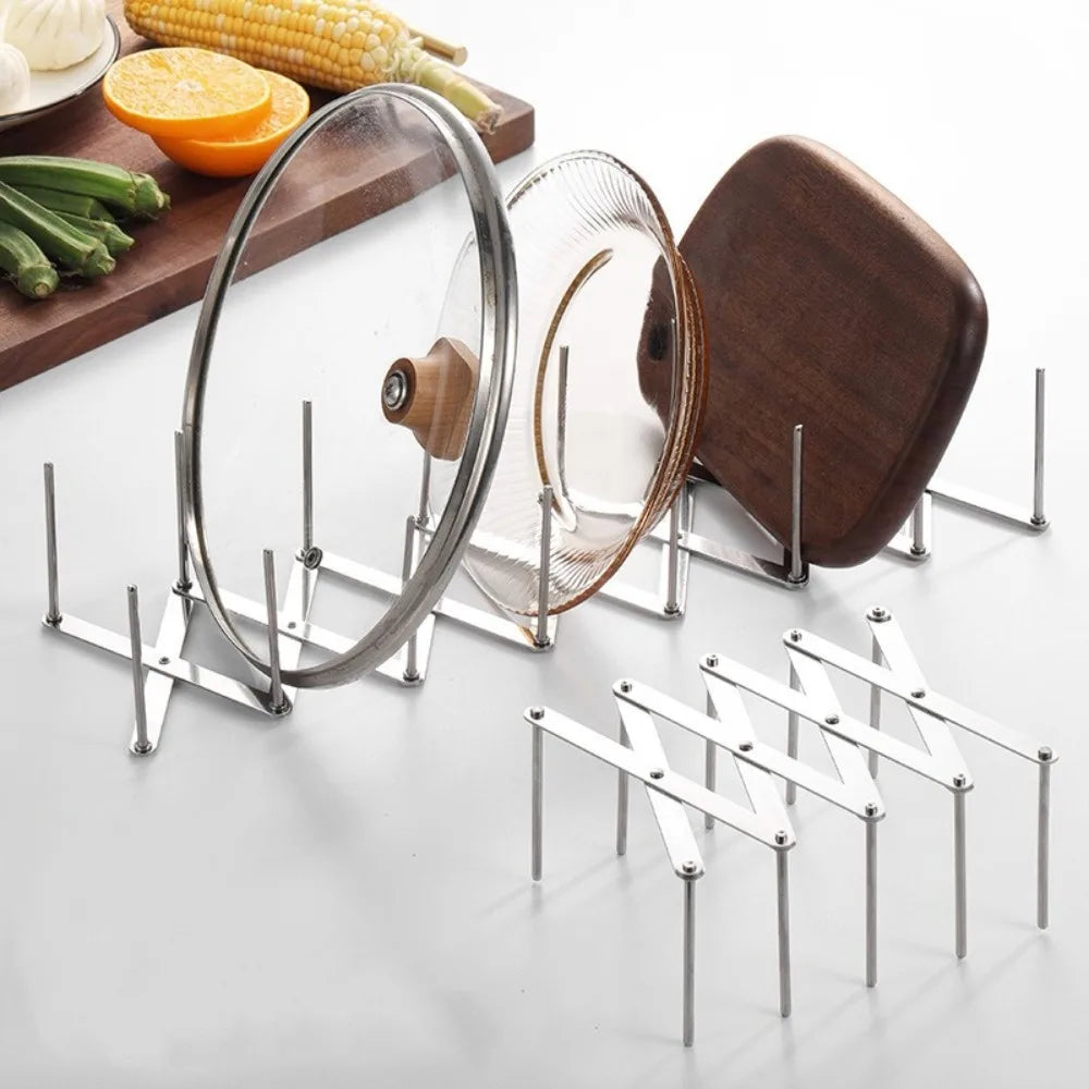 New Pot Lid Rack Pan Lid Organizer Retractable Stainless Steel Dish Bowl Storage Holder Tableware Storage Shelf Kitchen Gadgets