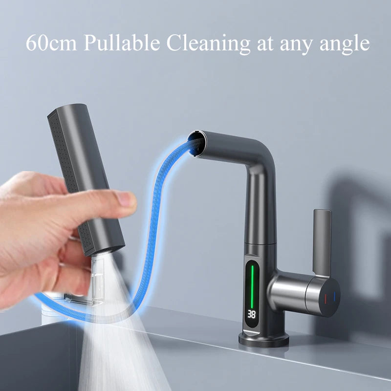 Smart Digital Display Basin Faucet 3 Function Pull Out Waterfall Spout Deck Mount Cold Hot Water Mixer Liftable Sink Crane Tap