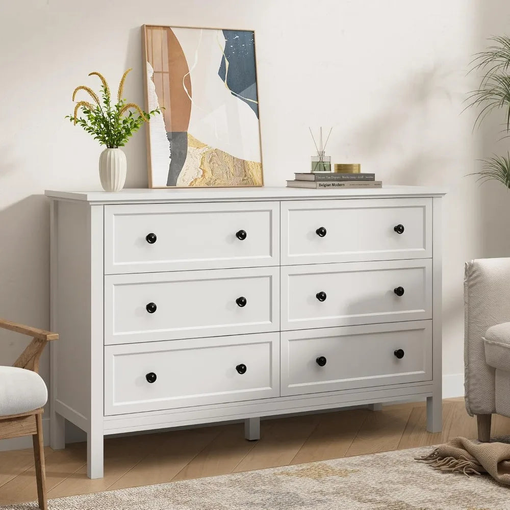 White Dresser for Bedroom, 6 Drawer Dresser with Wide Drawer and Metal Handles, Wood Dressers & Chests of Drawers for Hallway,