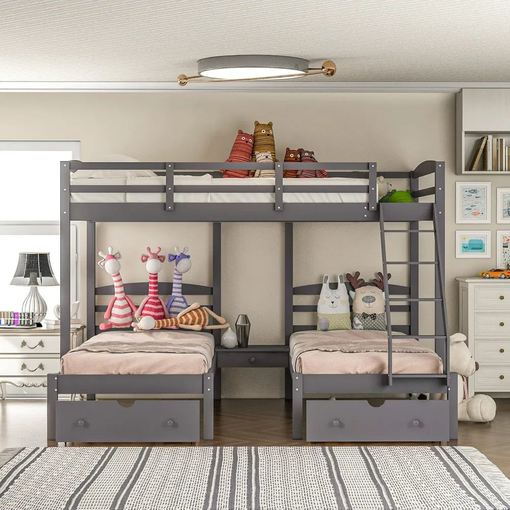 Triple Bunk Bed Full Over 2 Twin Bunk Bed with 3 Drawers and Guardrails, Bunk Bed for Family, Teens, No Box Spring Needed