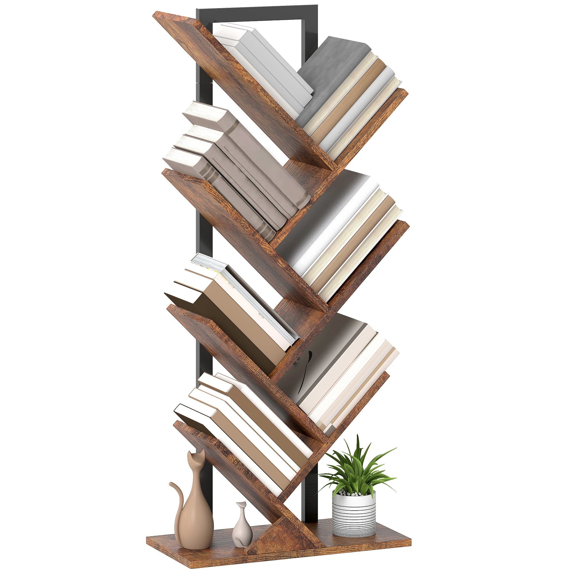 HOMCOM 7-Tier Tree Bookshelf with Steel Frame for Living Room, Rustic Brown