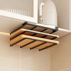 Under Cabinet Kitchen Hanging Organizer Rack with Hooks for Paper Towel Rags Cutting Board Pot Cover Storage