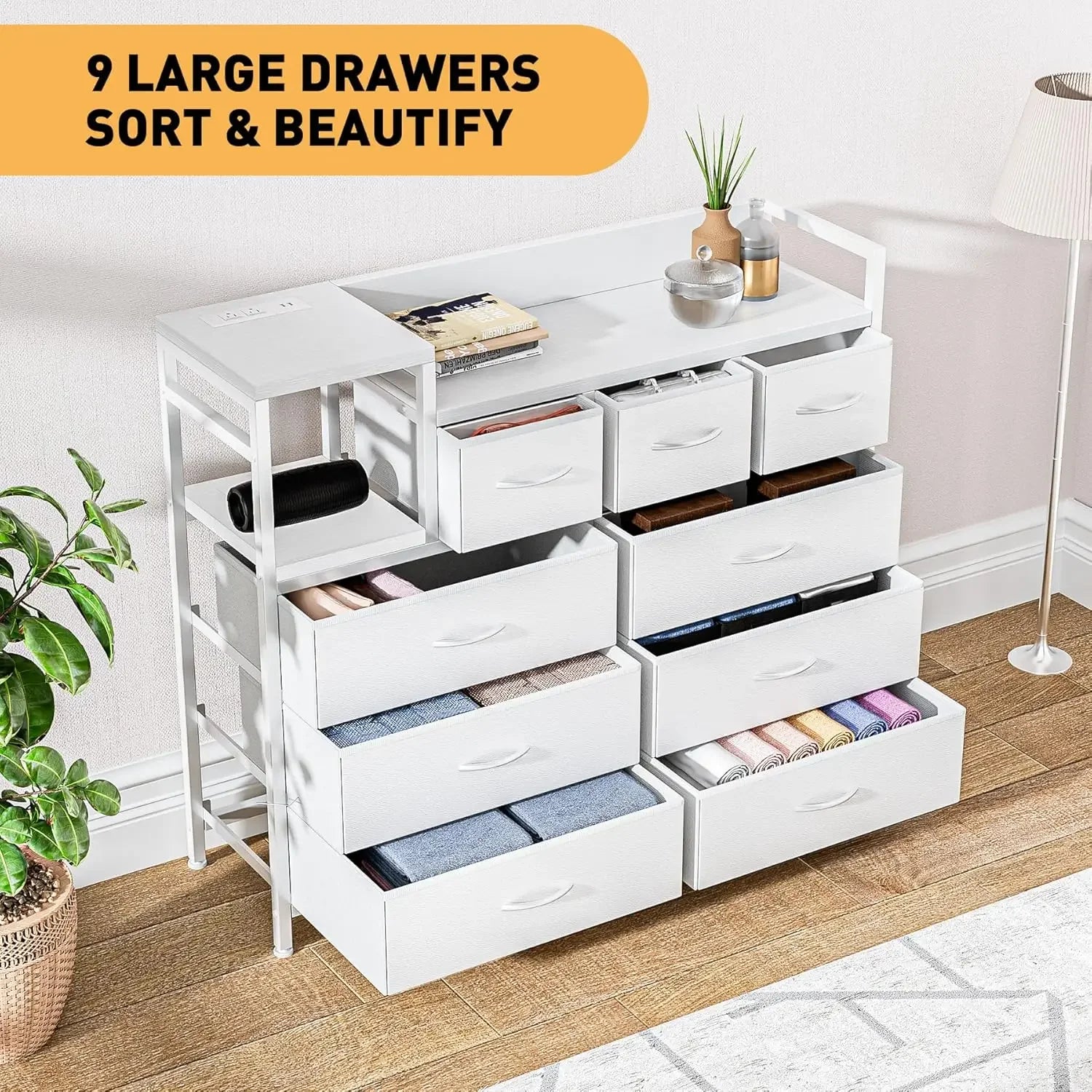 GAOMON Dresser TV Stand with Power Outlet, Bedroom Dresser with 9 Drawers, Chest of Drawers for Living Room, Hallway(White)