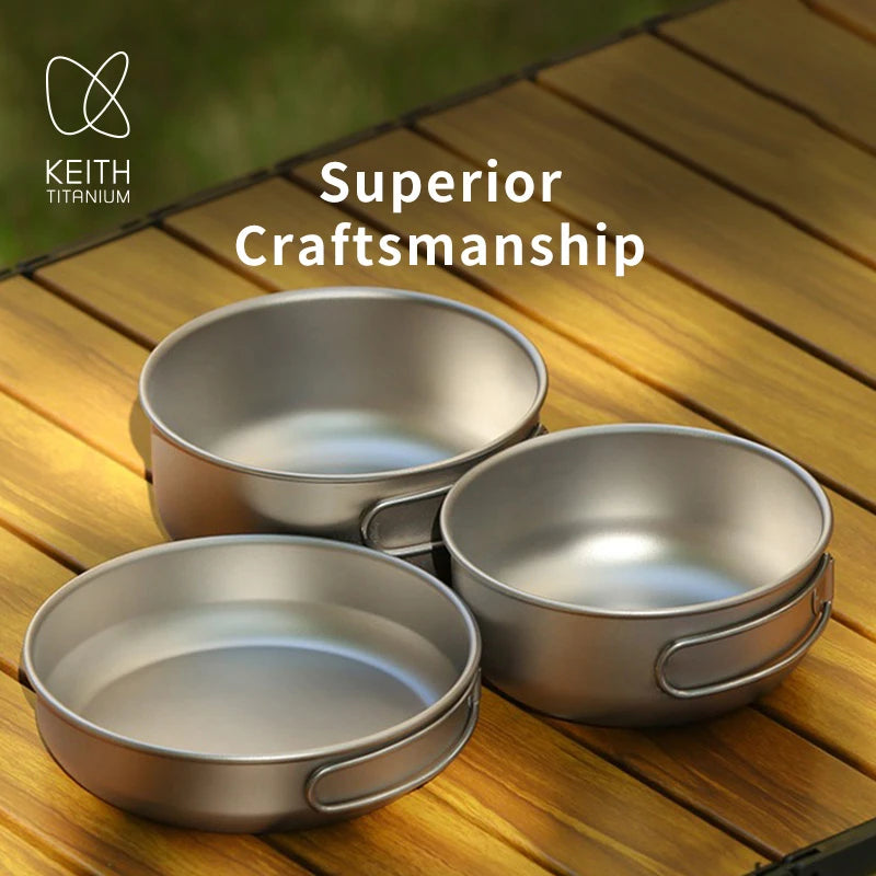 KEITH Compact Titanium Camping Cookware Set 3-Piece Nesting Pot with Folding Handle & Carry Bag, Lightweight Portable