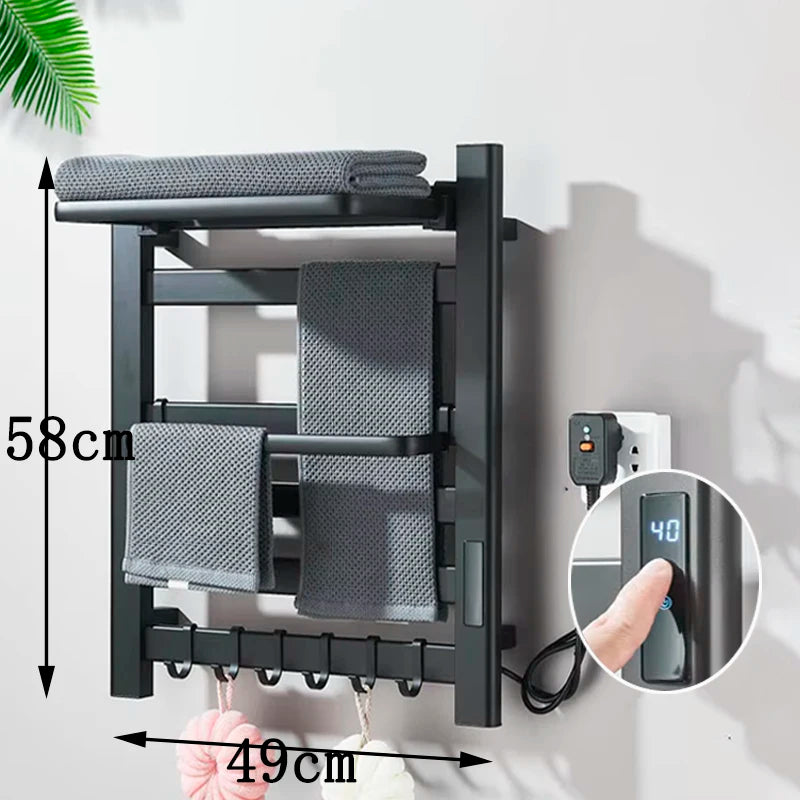 Matte Black Bathroom Electric Heated Towel Rack with Digital Display Touch Thermostatic Dry Towel 304 Stainless Steel Heater
