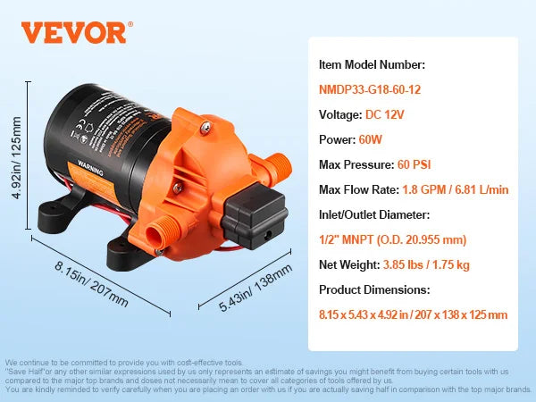 VEVOR 12V Diaphragm Pump 1.8/3/3.5/5 GPM 3/4/5-Chamber 40-100 PSI Adjustable 1/2'' MNPT Port for RV Yacht Food Truck Camper