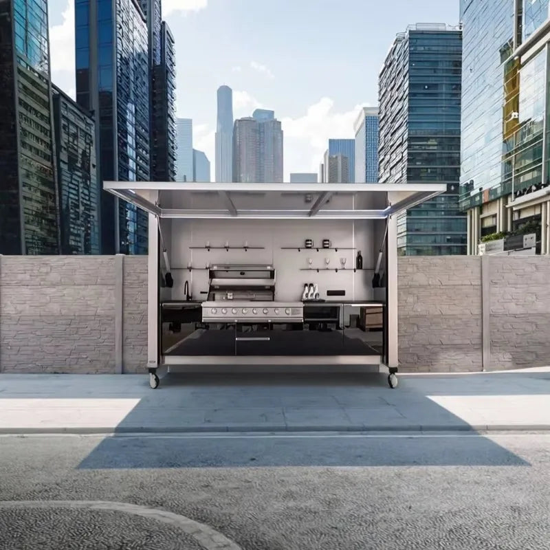 Customized Eco Friendly Mobile Outdoor Kitchen Multifunctional Steel Design Equipped Sink Refrigerator For Outdoor Park