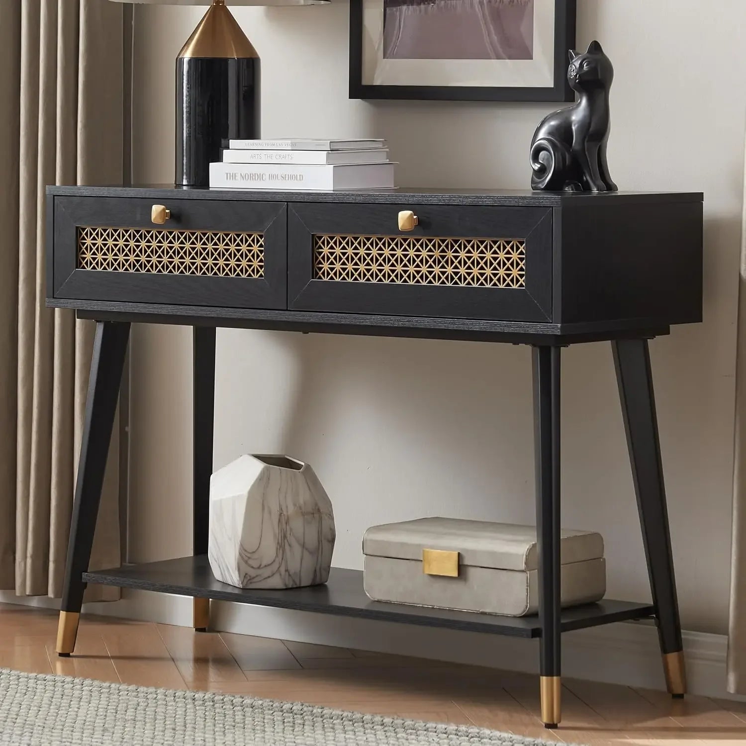 Mid Century Modern Console Table with 2 Drawers and Open Shelf, Narrow Wood Entryway Table for Living Room, Hallway,Bedroom