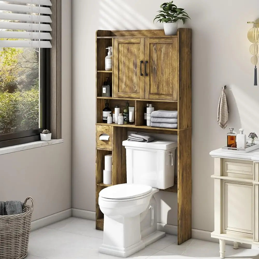 Vabches Bathroom Organizer Storage Wood Over The Toilet Storage Cabinet with Barn Doors&Toilet Paper Stand 67'' Tall Toilet Rack