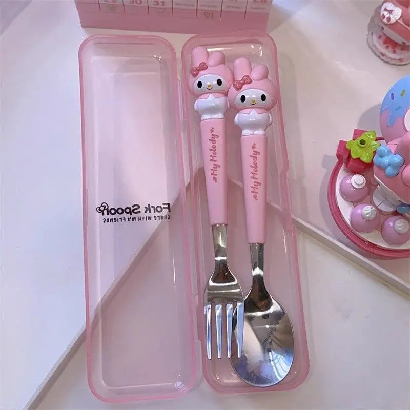 Cartoon Cutlert Set Kuromi Hello Kitty Melody Spoon Fork Stainless Steel Cute Kid Tableware Kitchen Supplies Boy's Girl's Gift