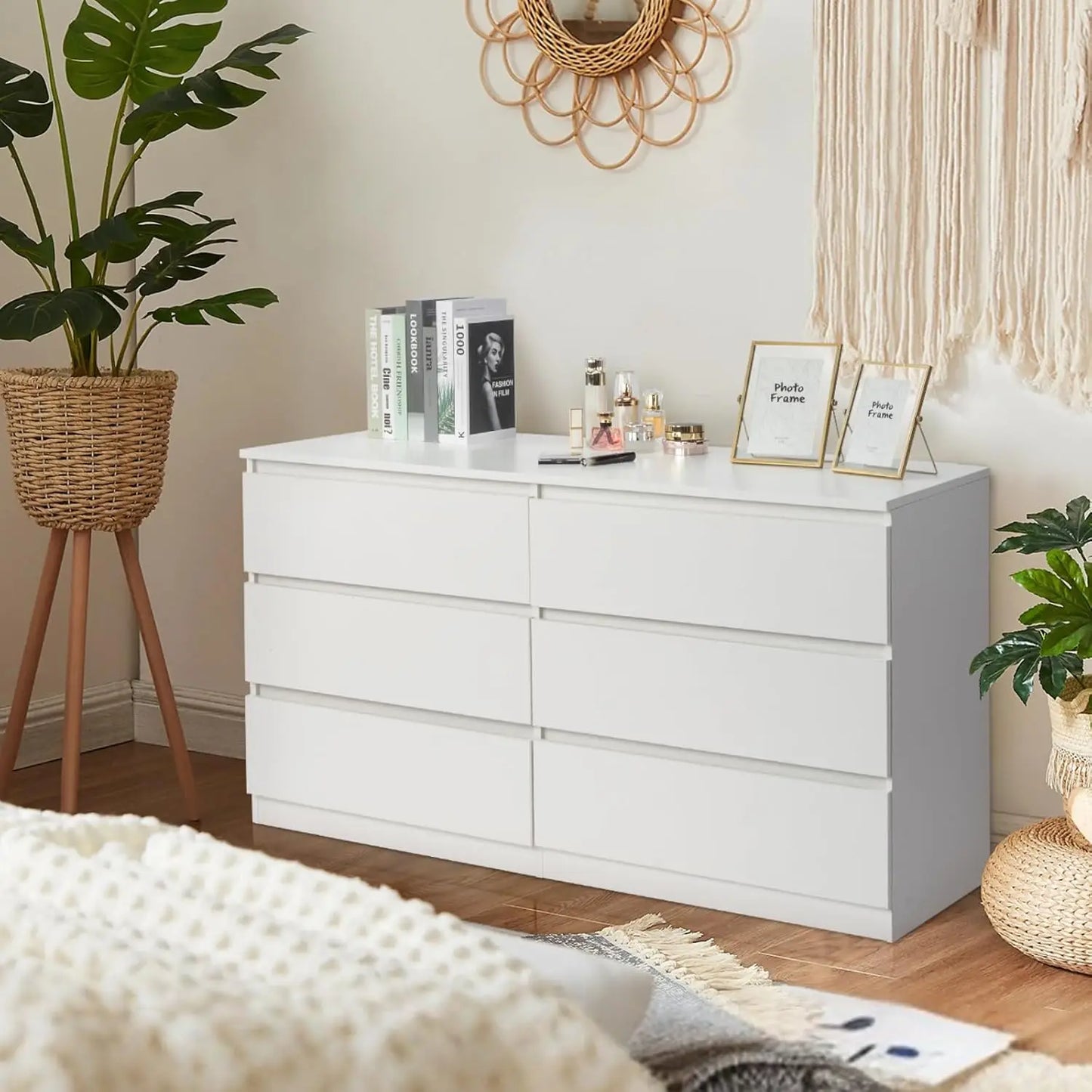 White 6 Drawer Dresser for Bedroom 55 Inch Long Wood Dresser with Large Storage Chest of Drawers