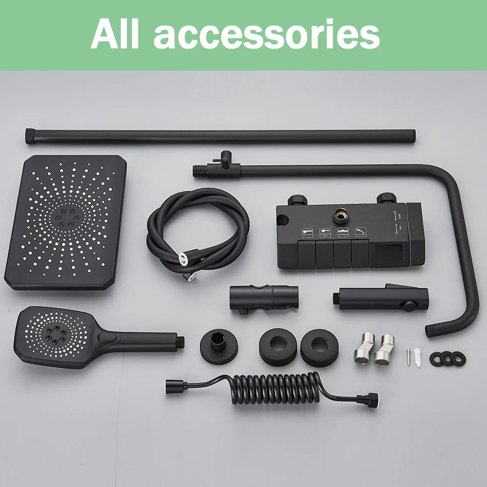 Rozin Black Smart Digital Display Shower Faucet Set Piano Style Rainlfall Bathroom System Grey Digital Mixer Tap Bidet Shower