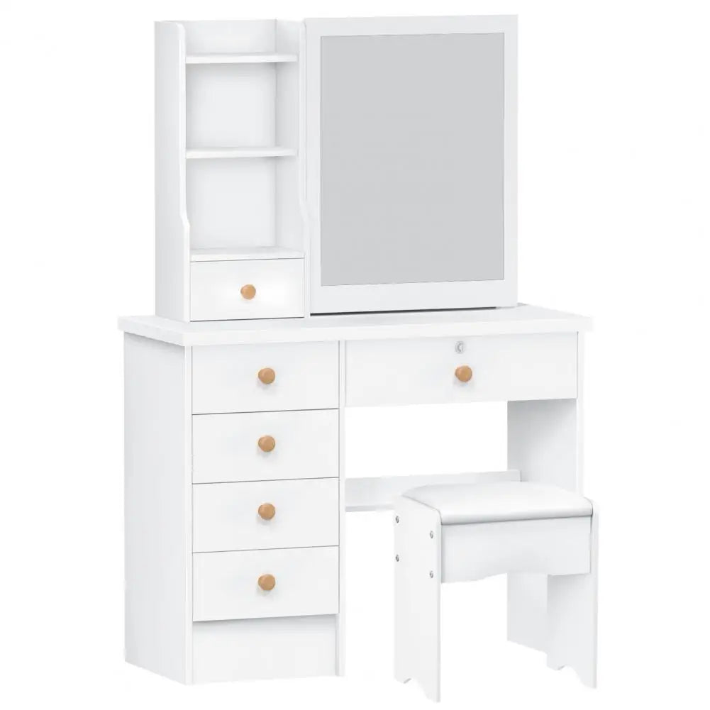 Vanity Desk with Sliding Mirror, Bedroom Dressing Table, Makeup Desk with 6 Drawers, Open Shelves, Hidden Storage Space