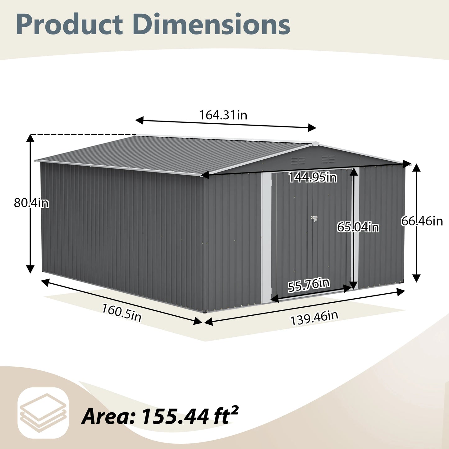12x14FT Metal Outdoor Storage Shed, Lockable Double Doors, Waterproof Garden Tool House, Light Gray