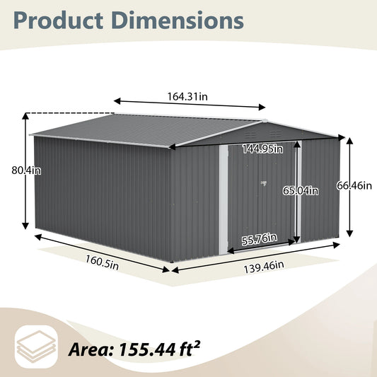 12x14FT Metal Outdoor Storage Shed, Lockable Double Doors, Waterproof Garden Tool House, Light Gray