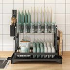 2-Tier Kitchen Dish Drying Rack, Bowl Tableware Drainer with Chopsticks Knife Fork & Cup Storage Holder