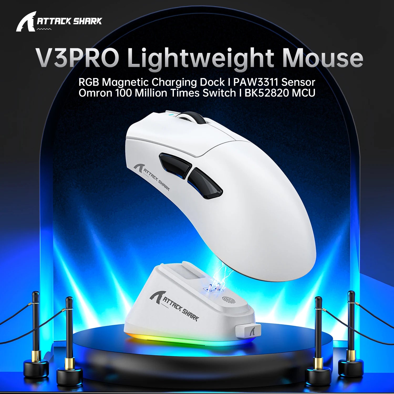 ATTACK SHARK V3PRO Ultra-Light Gaming Mouse with Charging Dock 2.4G Wireless Bluetooth Wired 1000Hz Polling Rate 25000 DPI