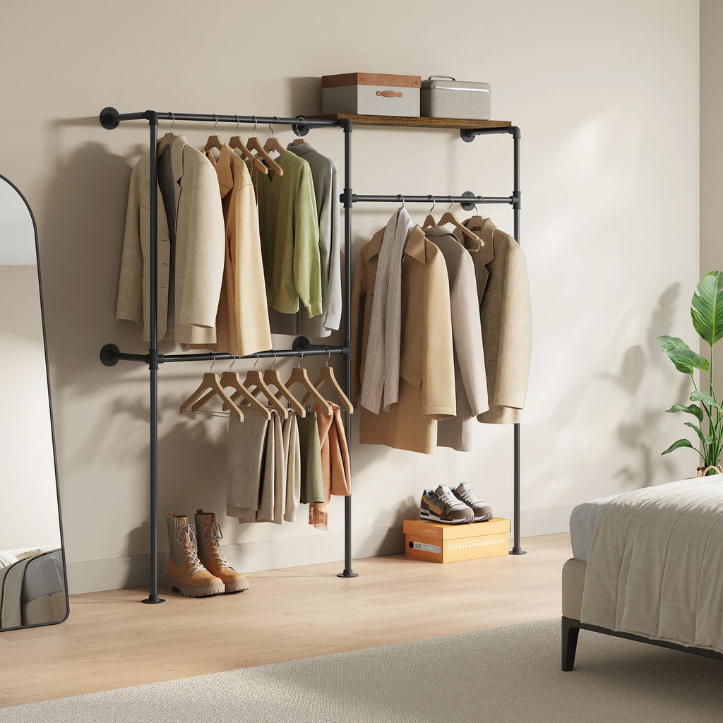 WOLTU Wall Mounted Open Wardrobe with 1&5 MDF Shelves Steel Tube Clothes Rail Industrial Style Coat Rack for Cloakroom Bedroom