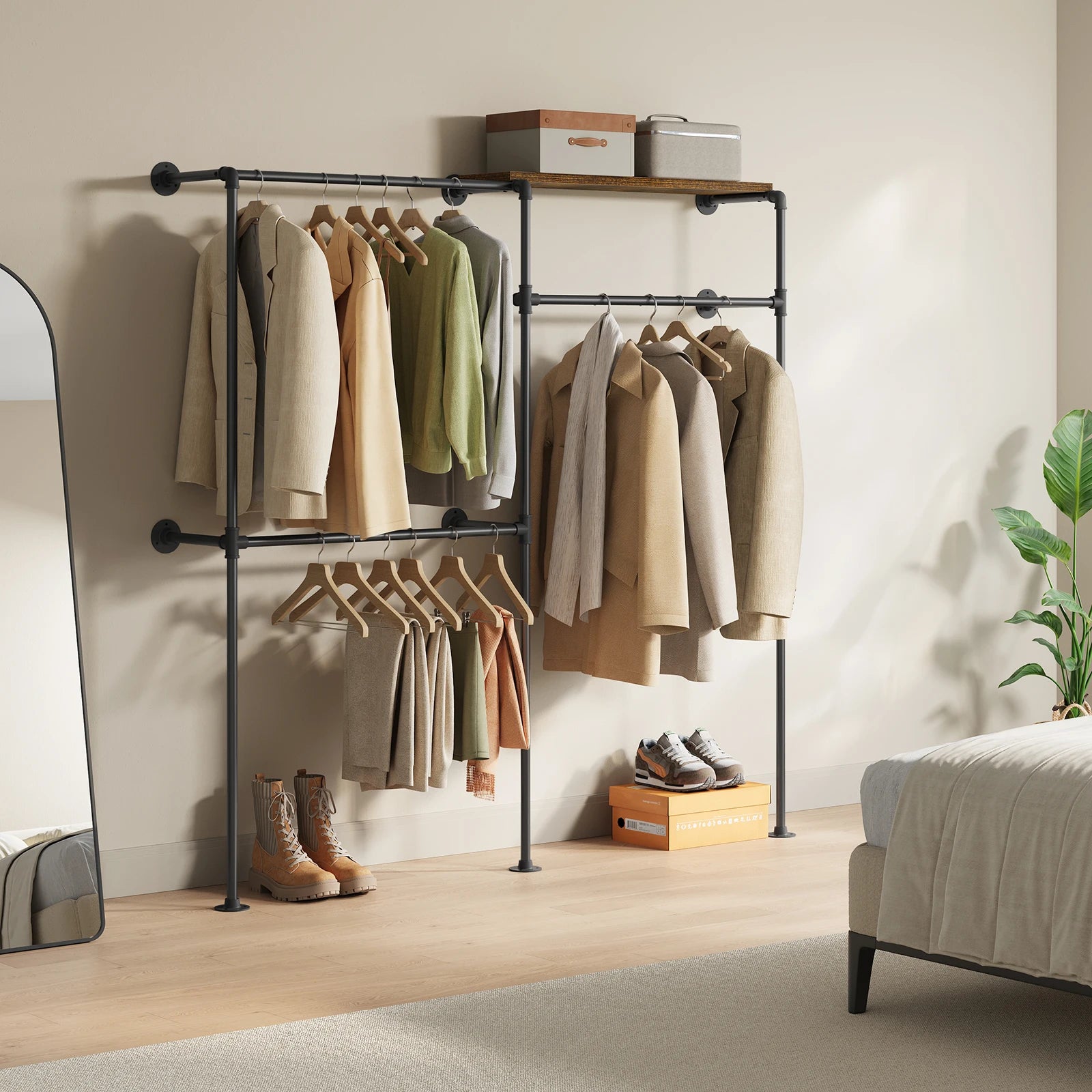 WOLTU Wall Mounted Open Wardrobe with 1&5 MDF Shelves Steel Tube Clothes Rail Industrial Style Coat Rack for Cloakroom Bedroom